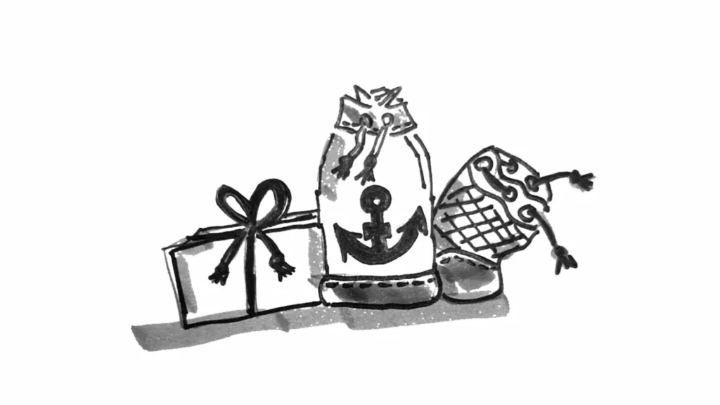 Gezeichnete Goodie-Bags mit Geschenk, Beutel mit Anker und gemustertem Säckchen
