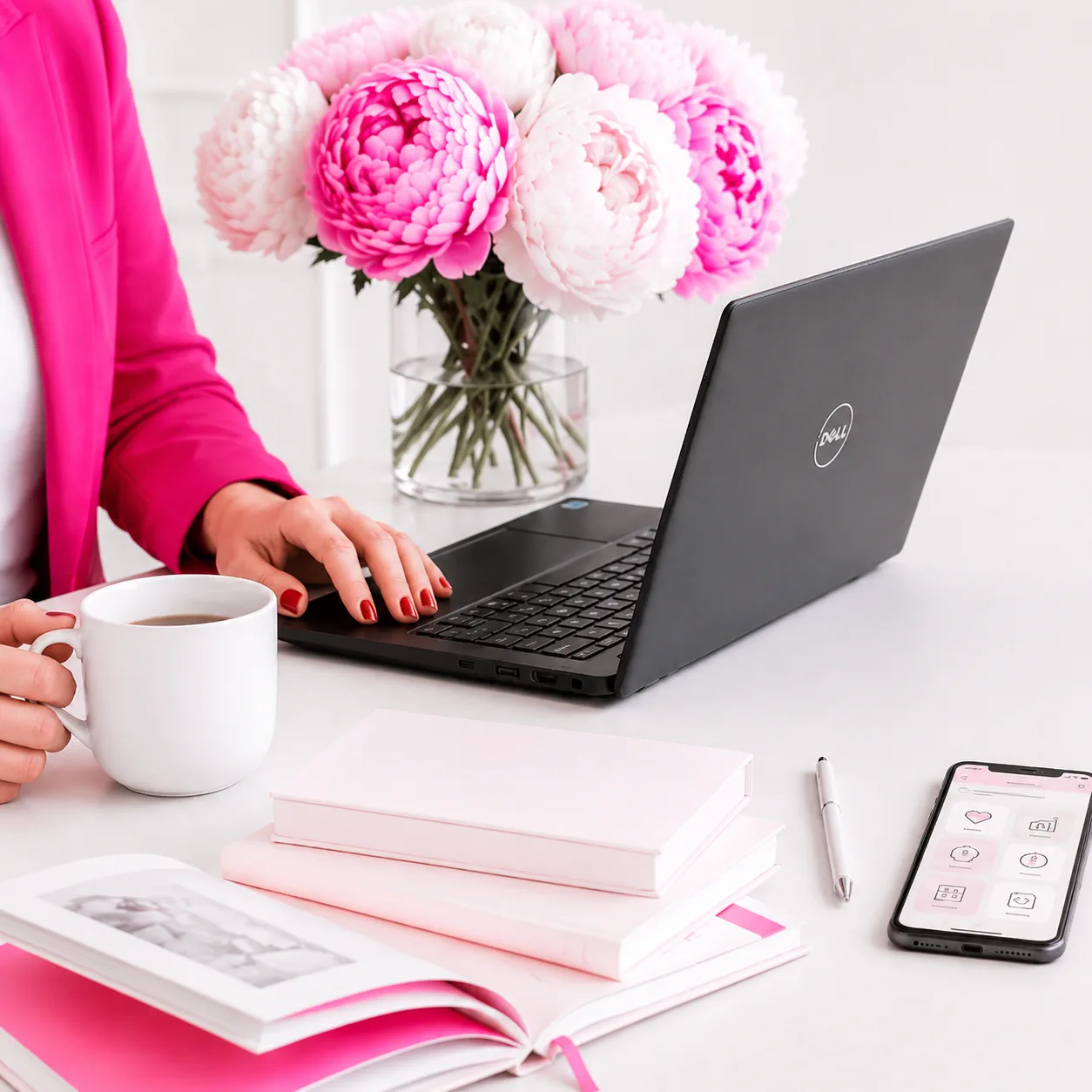 Bücher, Tools und Apps: Laptop, Buch und Smartphone auf pinkem Schreibtisch