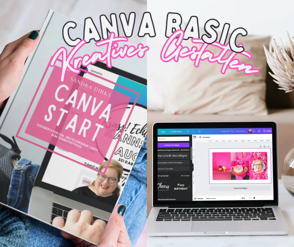 Collage: Hände halten ein Tablet mit Canva-Dokumentation, daneben ein Laptop mit geöffneter Canva-Oberfläche