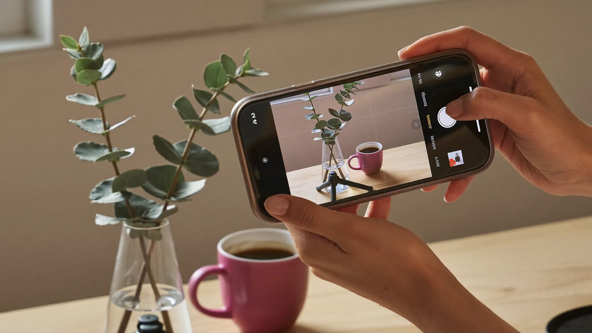 Zwei Hände halten ein Smartphone quer und filmen eine kleine Szene mit pinker Tasse und Eukalyptus