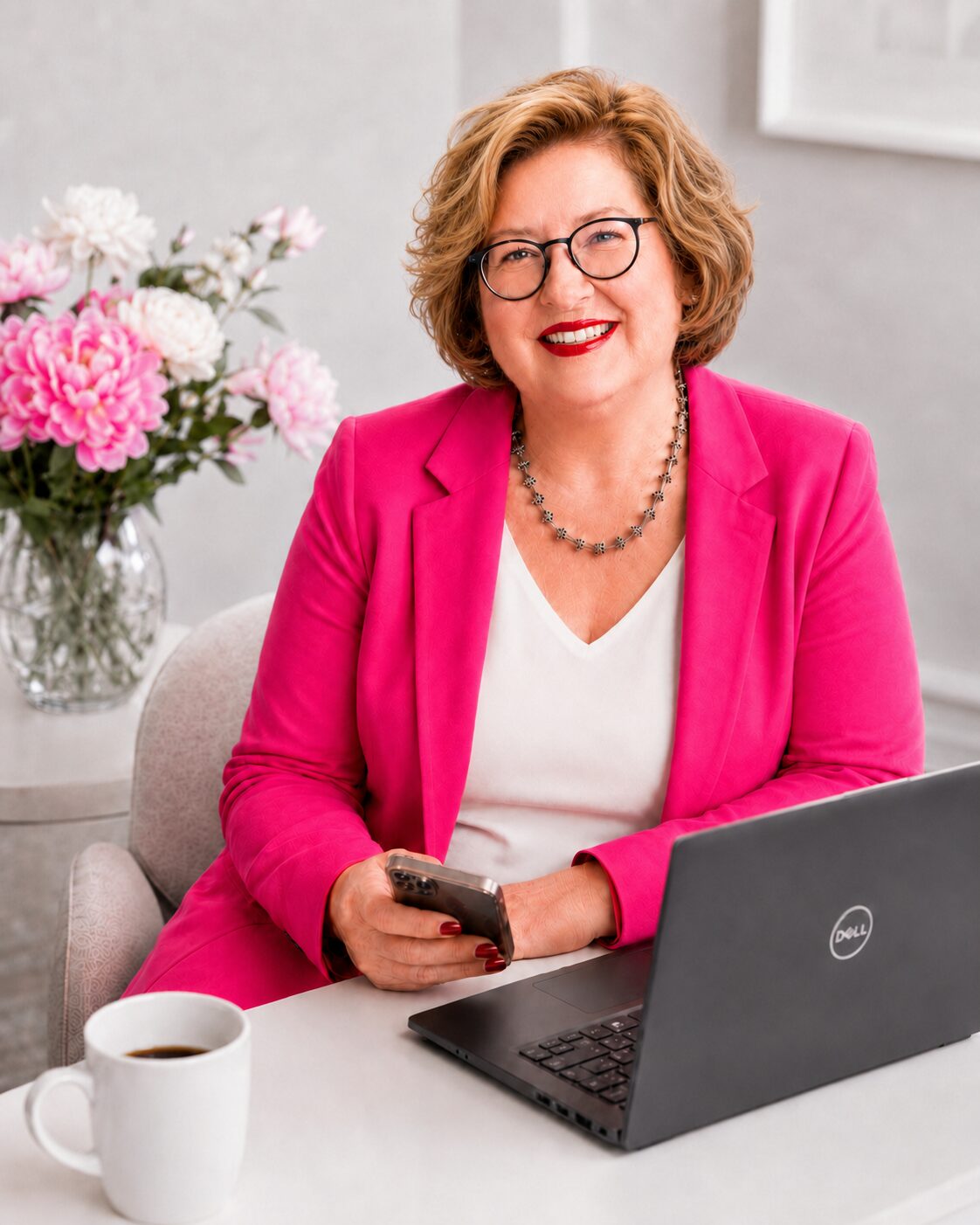 Sandra Dirks am Schreibtisch mit Laptop und Smartphone