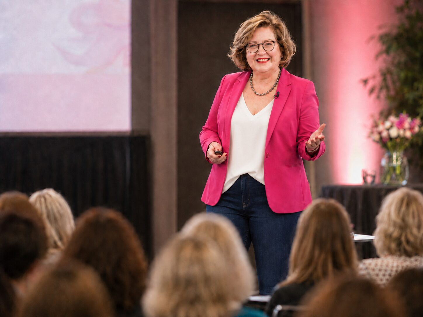 Sandra Dirks hält einen Vortrag auf einer Bühne vor Publikum