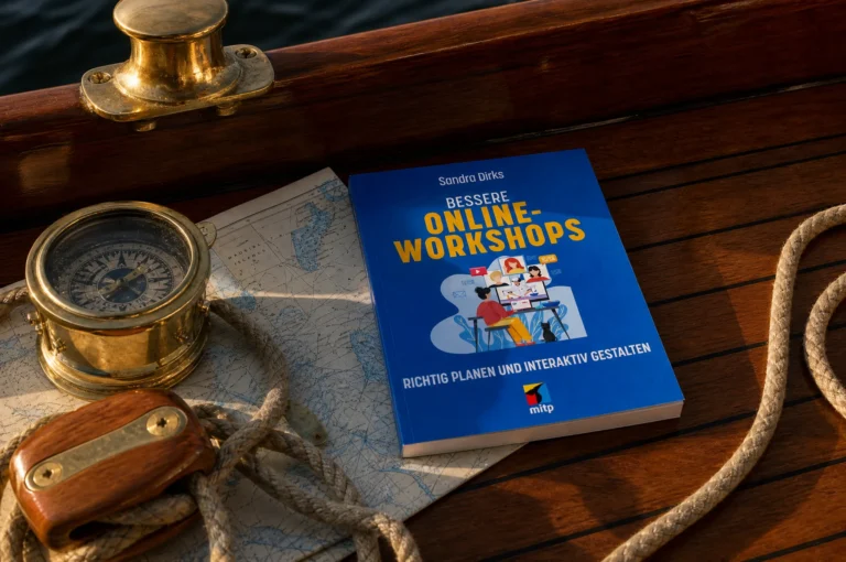 Das Buch Bessere Online-Workshops liegt auf einer Seekarte an Deck eines Holzseglers, daneben Kompass und Tau