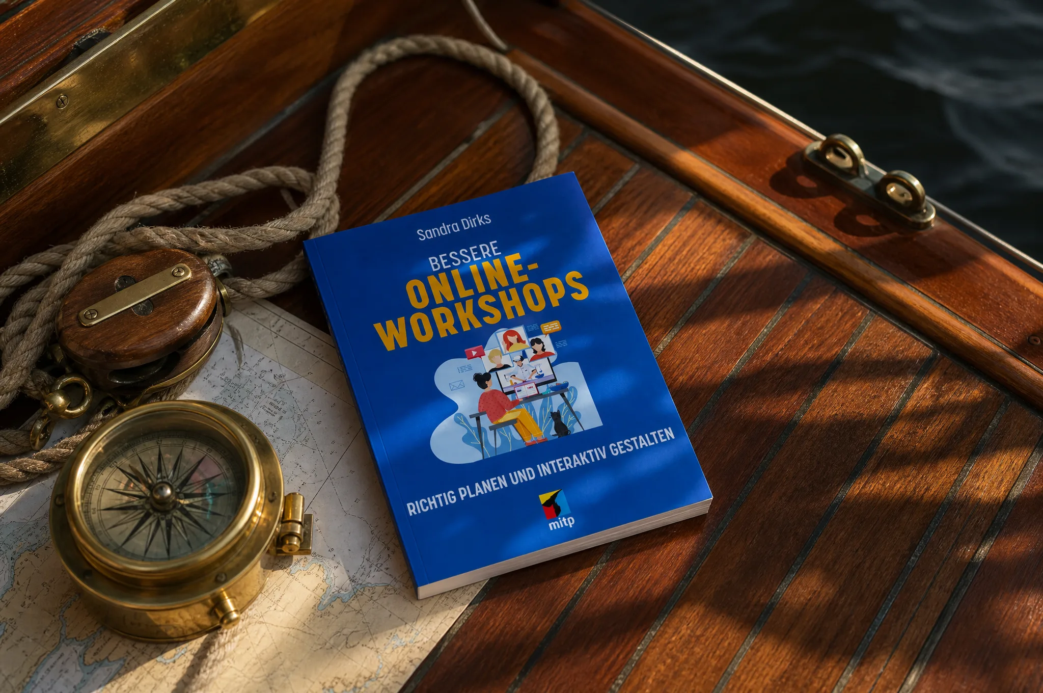 Das Buch Bessere Online-Workshops lehnt an der Bordwand, daneben Tau, Kompass und Seekarte