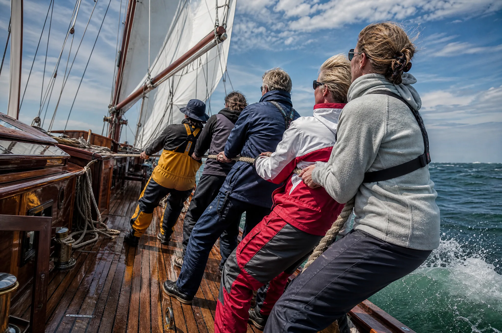 Segelcrew zieht gemeinsam an einem Tau an Deck eines Traditionsseglers