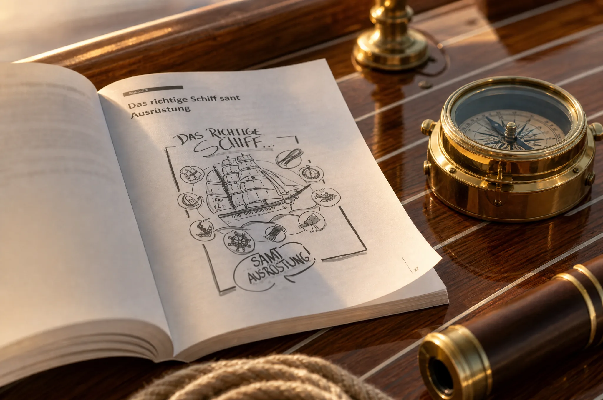 Aufgeschlagenes Buch mit der Sketchnote Das richtige Schiff samt Ausrüstung, daneben Kompass und Fernrohr auf dem Schiffsdeck