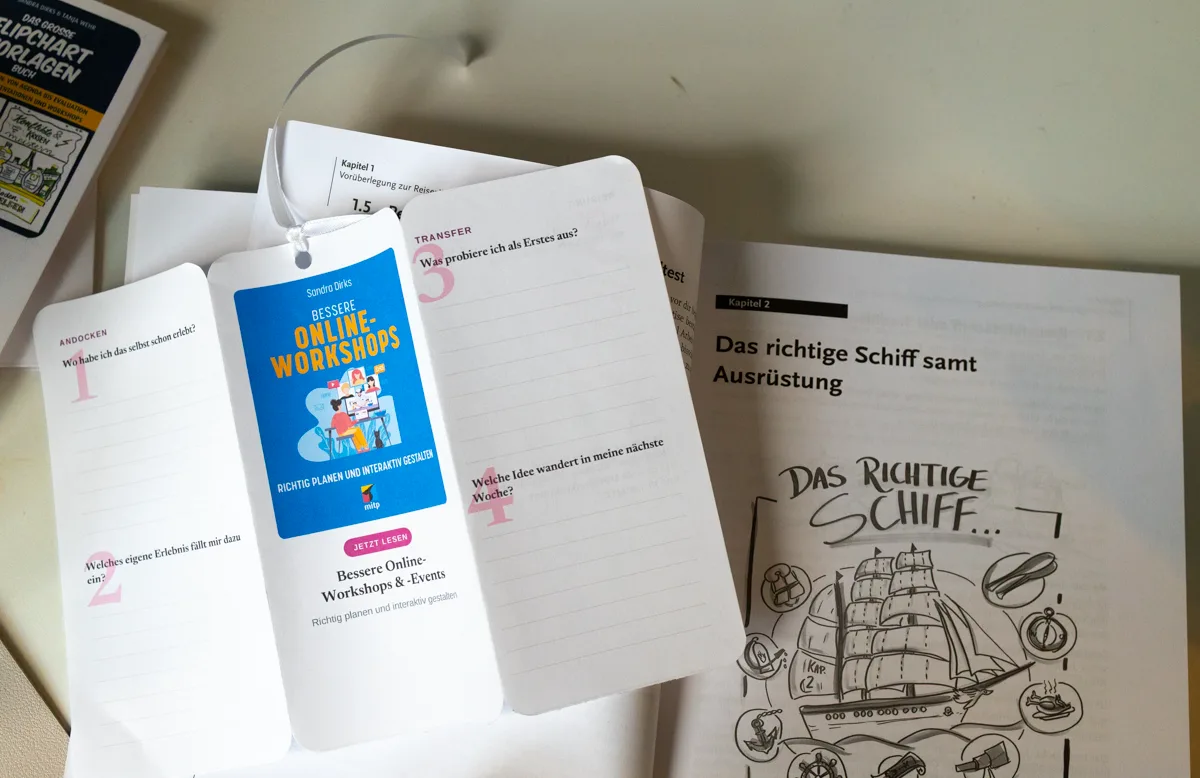 Aufgefaltetes Lesezeichen liegt neben der Segelschiff-Sketchnote im Buch