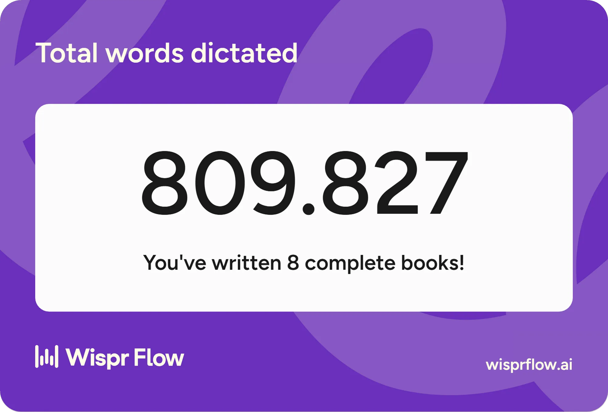 Wispr Flow zeigt 809.827 diktierte Woerter, das entspricht acht kompletten Buechern.