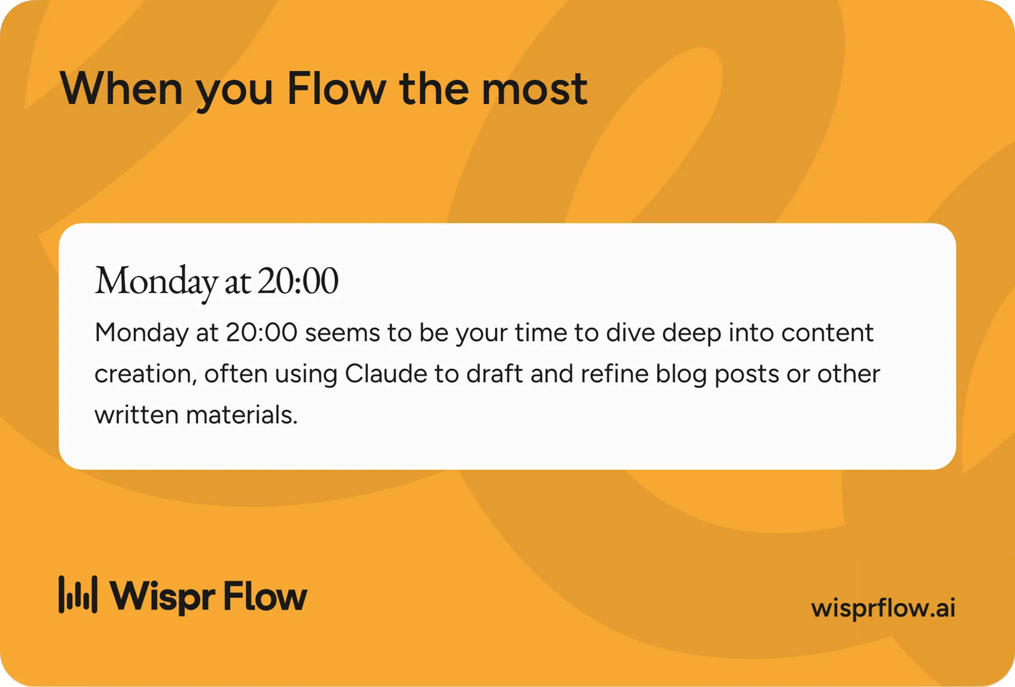 Wispr Flow zeigt die produktivste Diktierzeit: Montag um 20 Uhr.