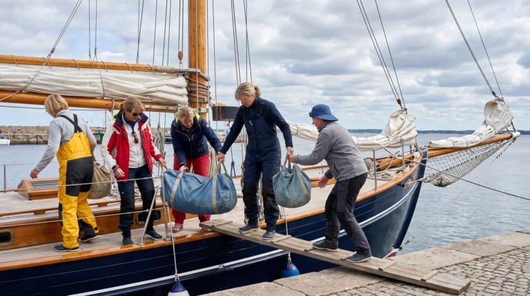 Sandra Dirks - Titelbild des Beitrages: Eine Crew von Frauen geht mit Reisetaschen ueber eine Planke an Bord eines dunkelblauen Traditionsseglers, eine reicht der anderen die Tasche hinauf
