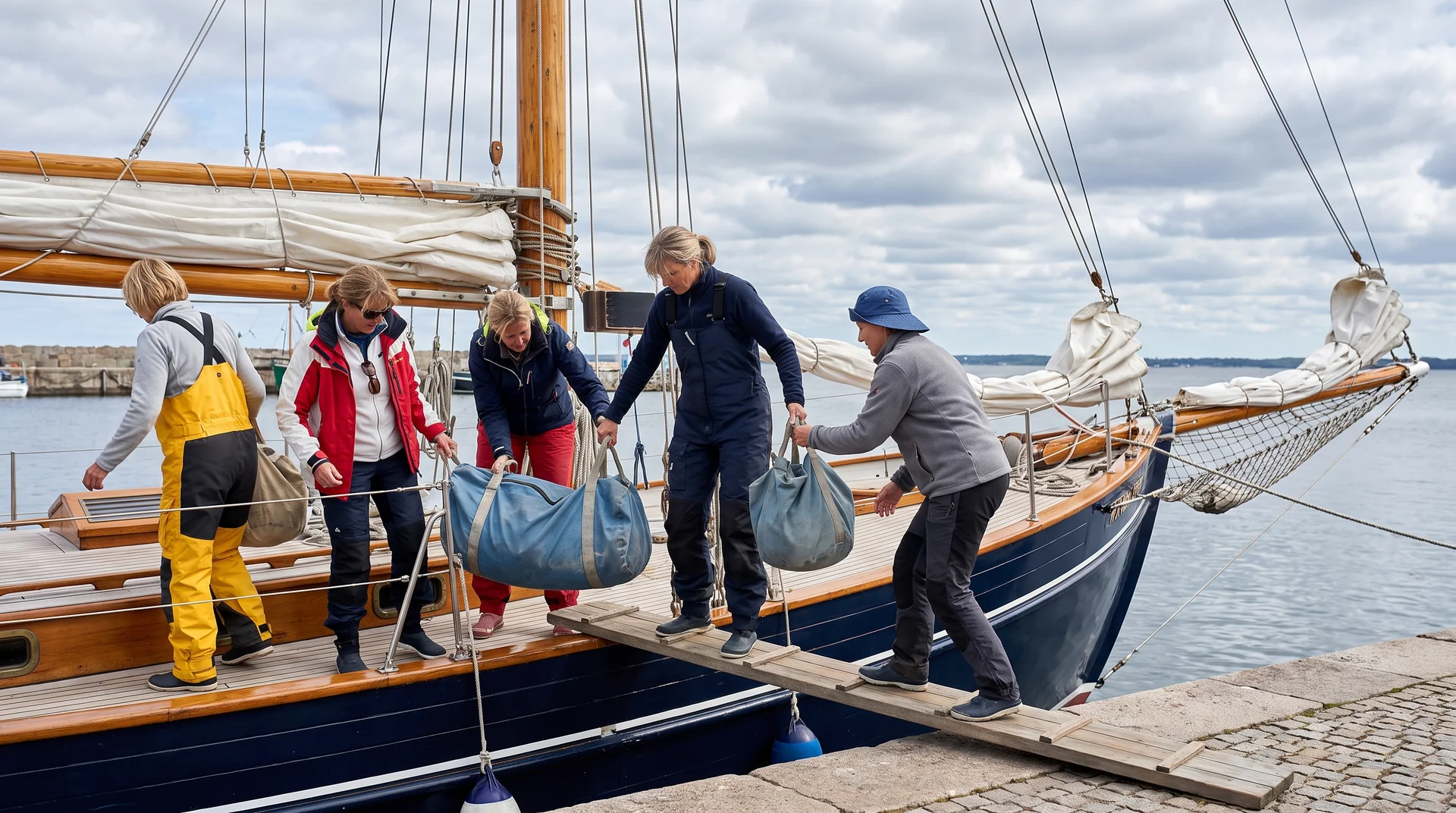 Sandra Dirks - Titelbild des Beitrages: Eine Crew von Frauen geht mit Reisetaschen ueber eine Planke an Bord eines dunkelblauen Traditionsseglers, eine reicht der anderen die Tasche hinauf