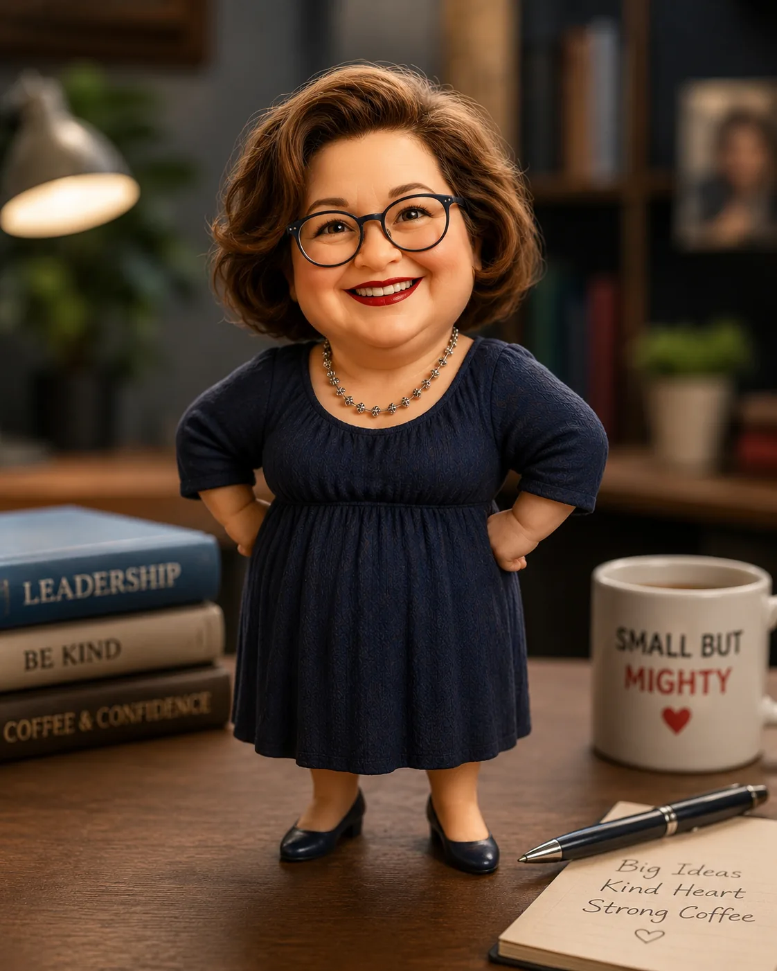Erster Mini-Me-Versuch: kleine Figur im dunkelblauen Kleid mit schwarzen Pumps auf einem Schreibtisch, neben ihr ein Becher Small but mighty