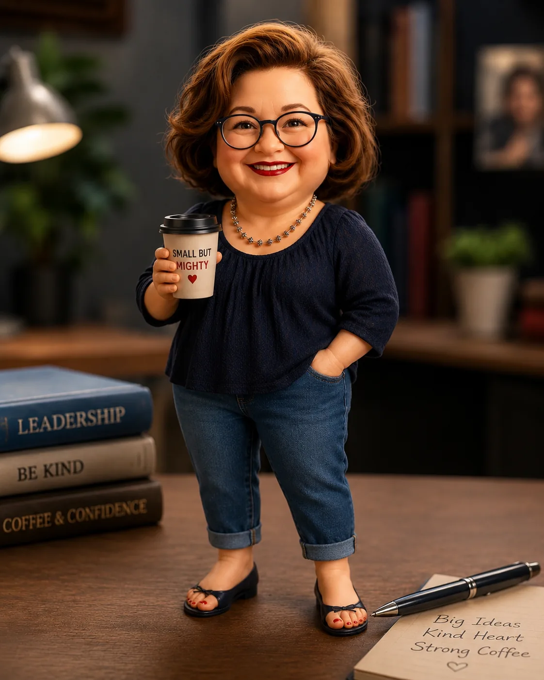 Zweiter Versuch: die Figur in enger, hochgekrempelter Jeans und schwarzen Pumps mit Kaffeebecher auf dem Schreibtisch