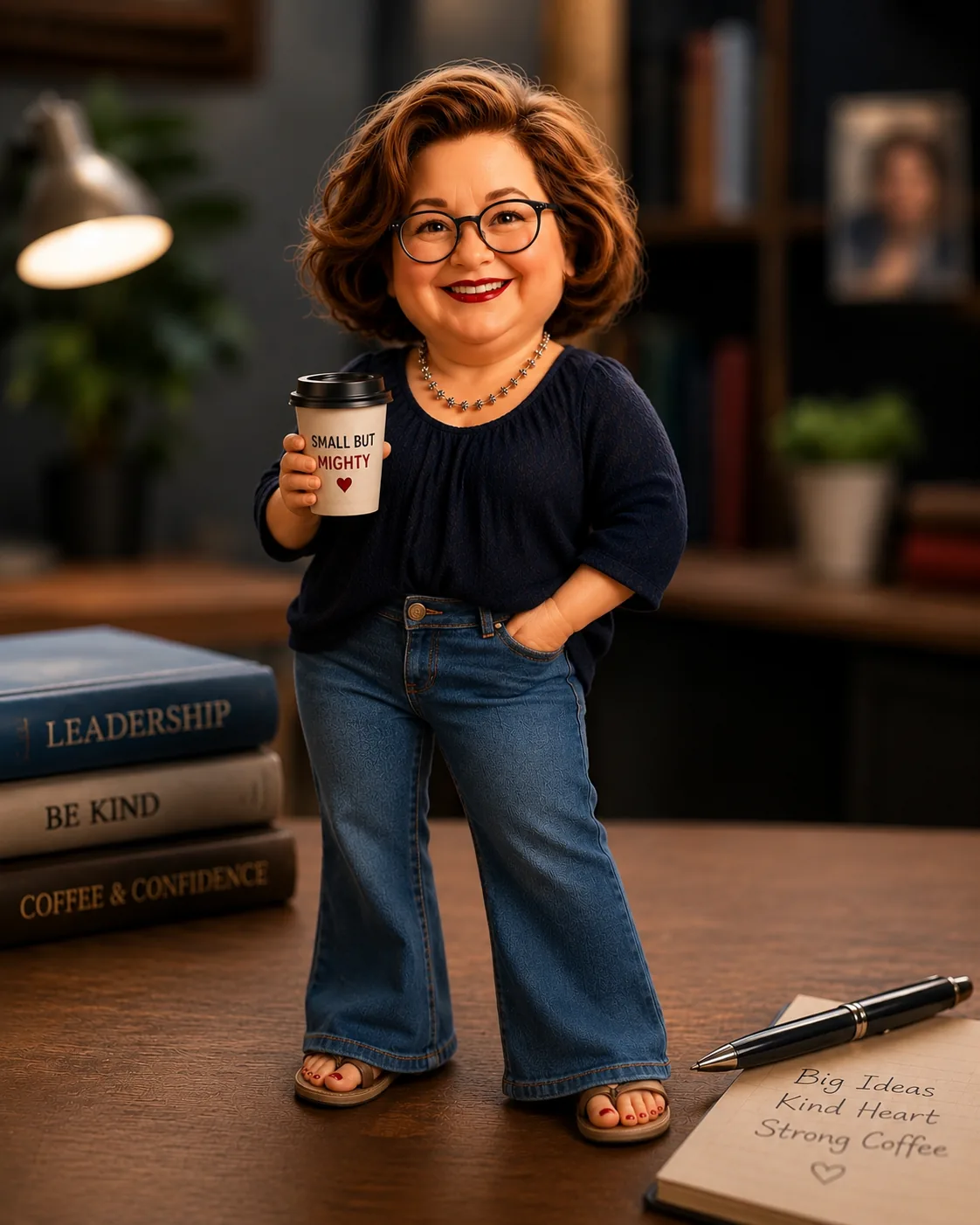 Die Ur-Figur Sandrinscher: dunkelblaue Bluse, weite Jeans, Sandalen, Kaffeebecher Small but mighty, auf einem Schreibtisch zwischen Büchern