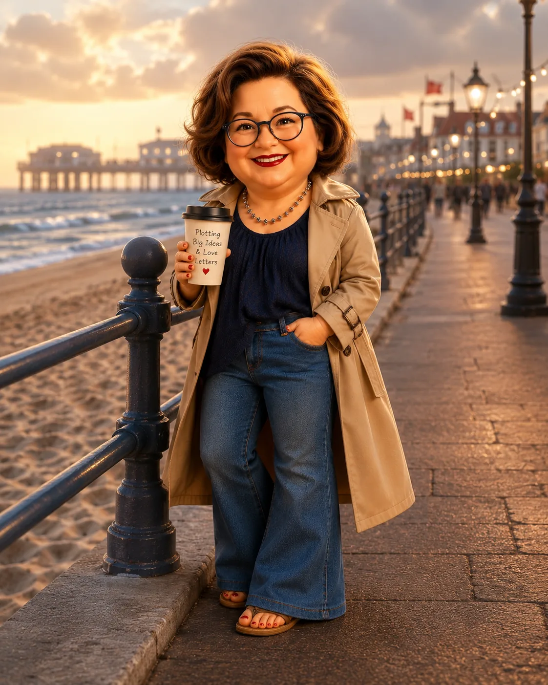 Sandrinscher im beigen Trenchcoat mit Kaffeebecher an einer Strandpromenade im Abendlicht, die Beine etwas zu lang