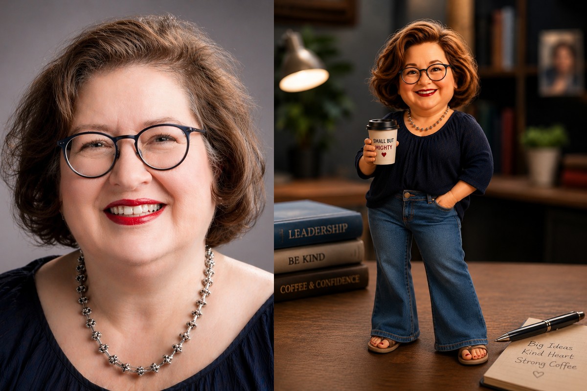 Links Sandra Dirks als Foto, rechts ihre kleine Videofigur Sandrinscher auf einem Schreibtisch mit Kaffeebecher, Büchern und Kugelschreiber