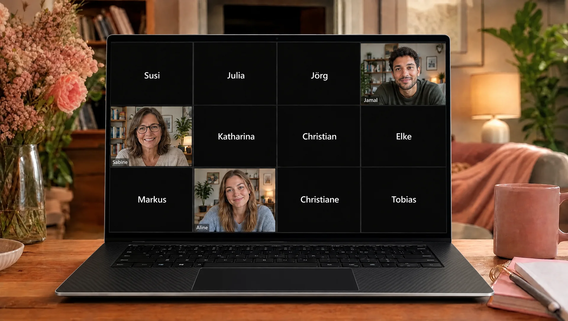 Laptop auf einem Schreibtisch, auf dem Bildschirm ein Online-Meeting mit neun schwarzen Kacheln mit Namen und nur drei eingeschalteten Kameras