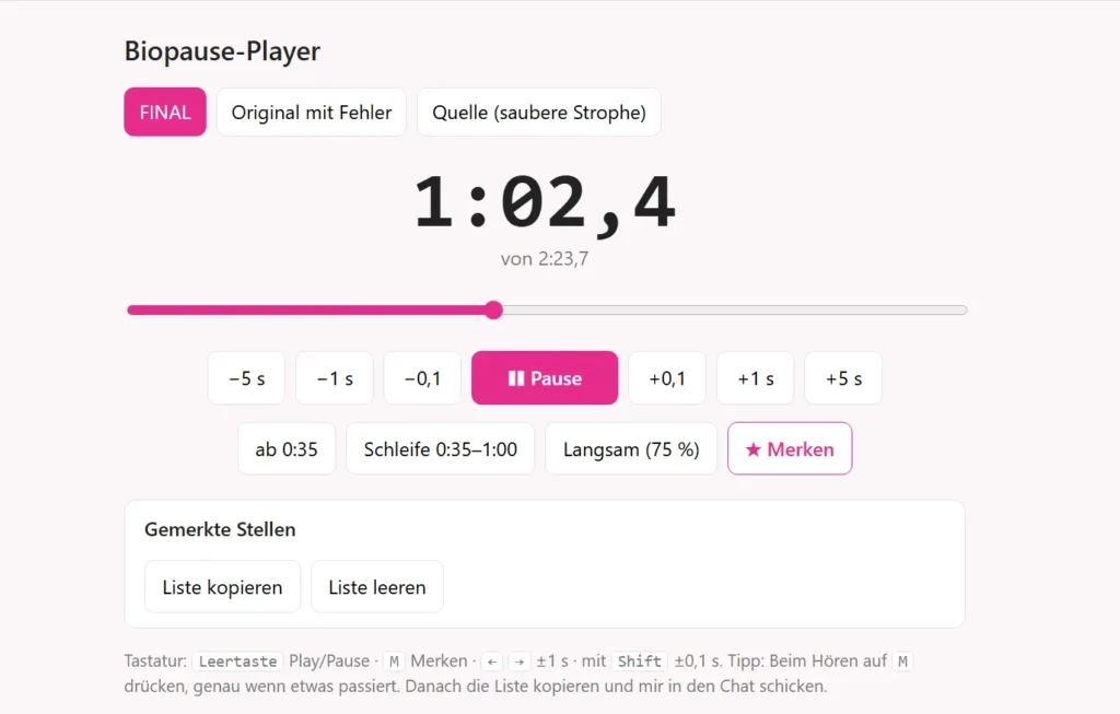 Selbstgebauter Audio-Player mit großer Zeitanzeige 1:02,4, Knöpfen für Zehntelsekunden, Schleife, langsames Abspielen und Merken.
