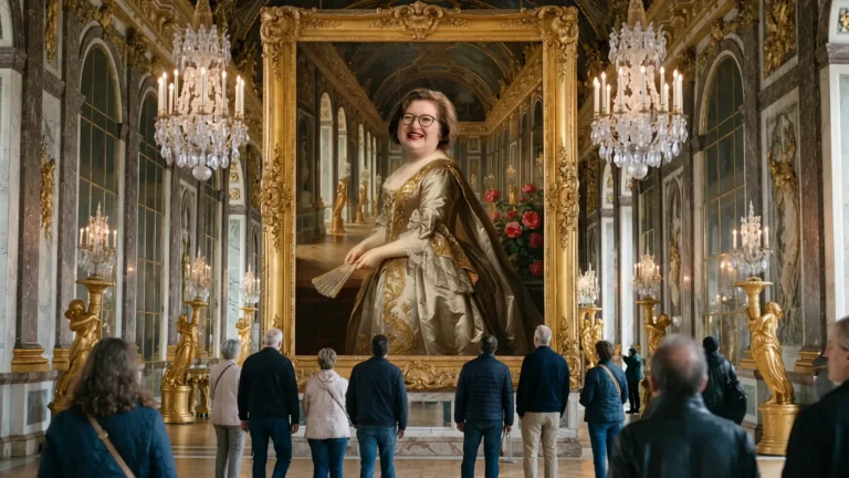 KI-Bild: Im Spiegelsaal von Versailles hängt ein riesiges Gemälde mit einer lachenden Dame im goldenen Barockkleid, davor stehen Museumsbesucher.