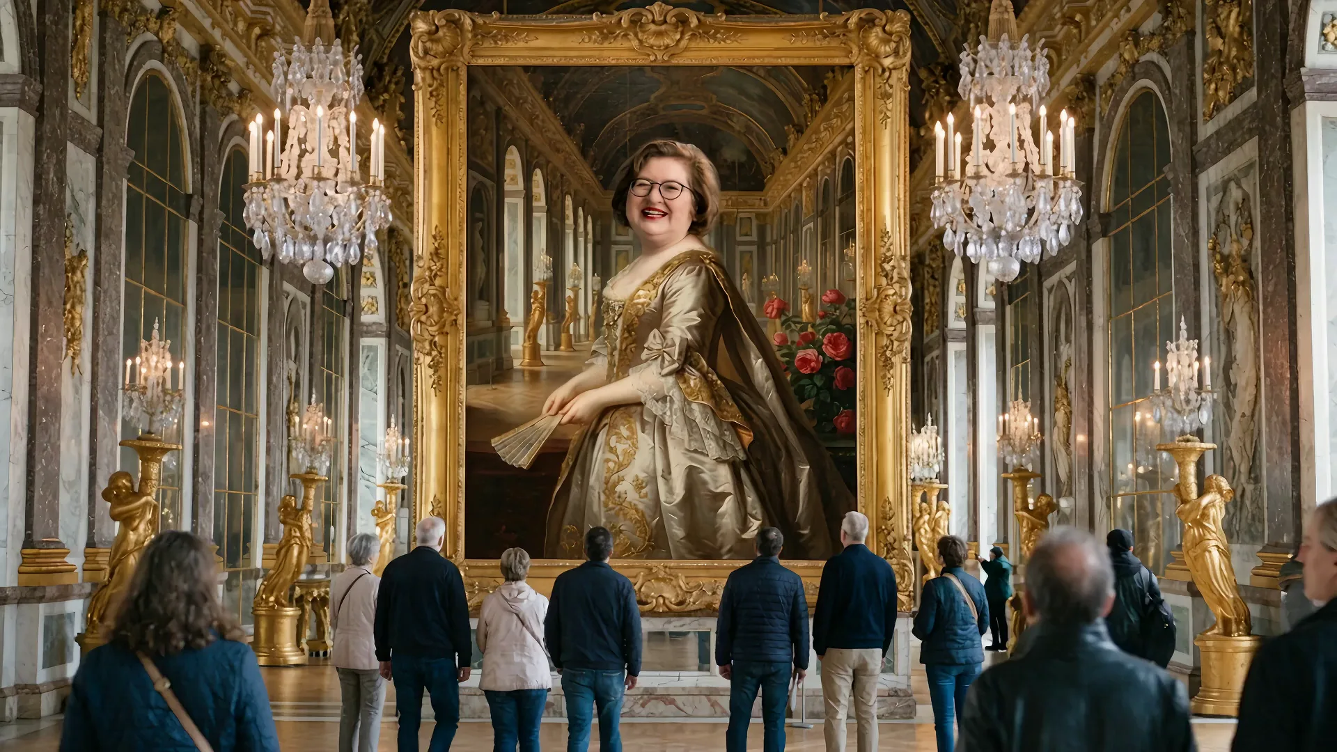 KI-Bild: Im Spiegelsaal von Versailles hängt ein riesiges Gemälde mit einer lachenden Dame im goldenen Barockkleid, davor stehen Museumsbesucher.