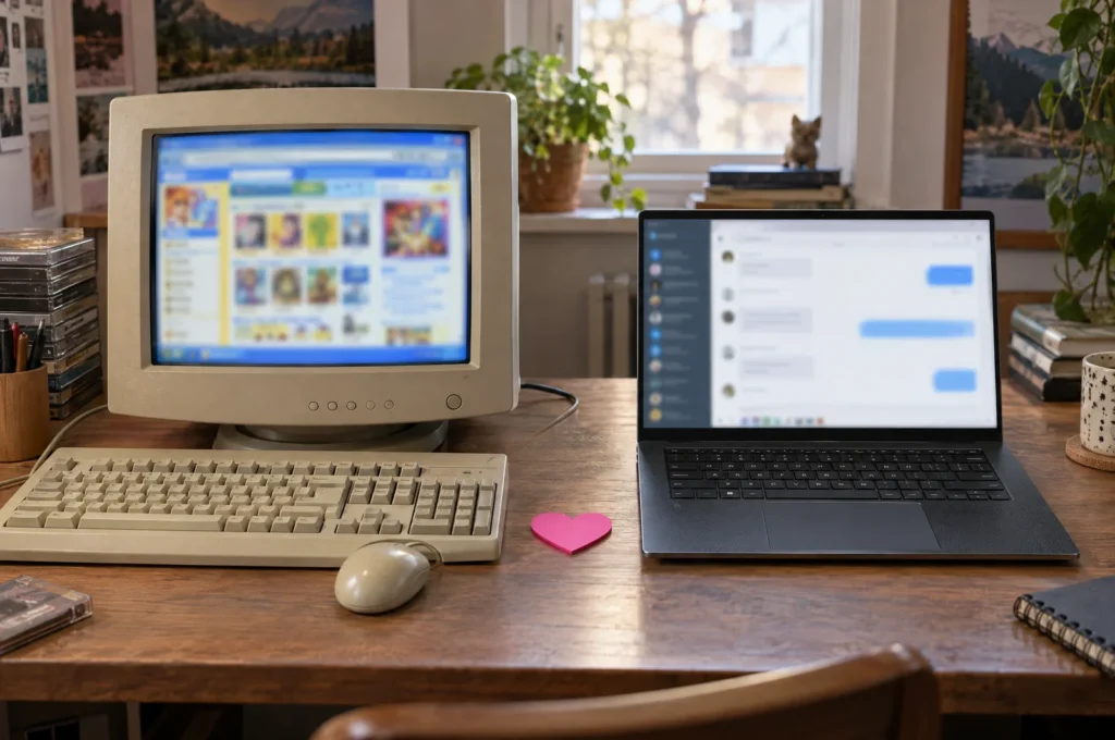 Alter beiger Röhrenmonitor mit bunter Website aus den frühen 2000ern neben einem modernen Laptop mit Chatfenster, dazwischen ein pinker Herz-Zettel