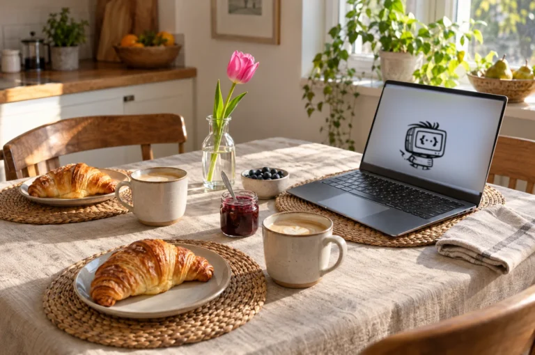 Gedeckter Frühstückstisch mit zwei Milchkaffees, zwei Croissants und einer pinken Tulpe, am dritten Platz ein Laptop mit eigenem Platzset, auf dem Bildschirm die gezeichnete Figur Claude Code