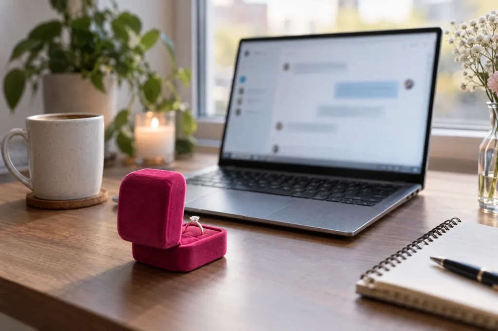 Eine geöffnete pinke Ringschachtel mit Ring steht auf dem Schreibtisch und zeigt auf einen aufgeklappten Laptop