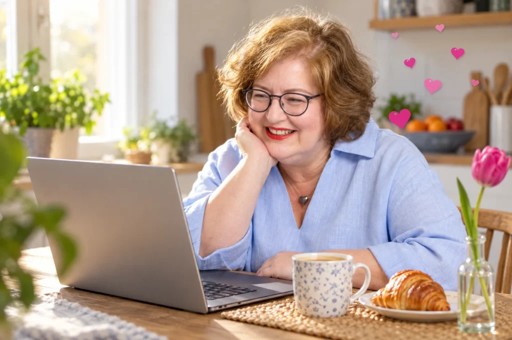 Sandra Dirks sitzt am Küchentisch vor dem Laptop, stützt das Kinn in die Hand und lächelt, neben ihr steigen pinke Herzchen auf