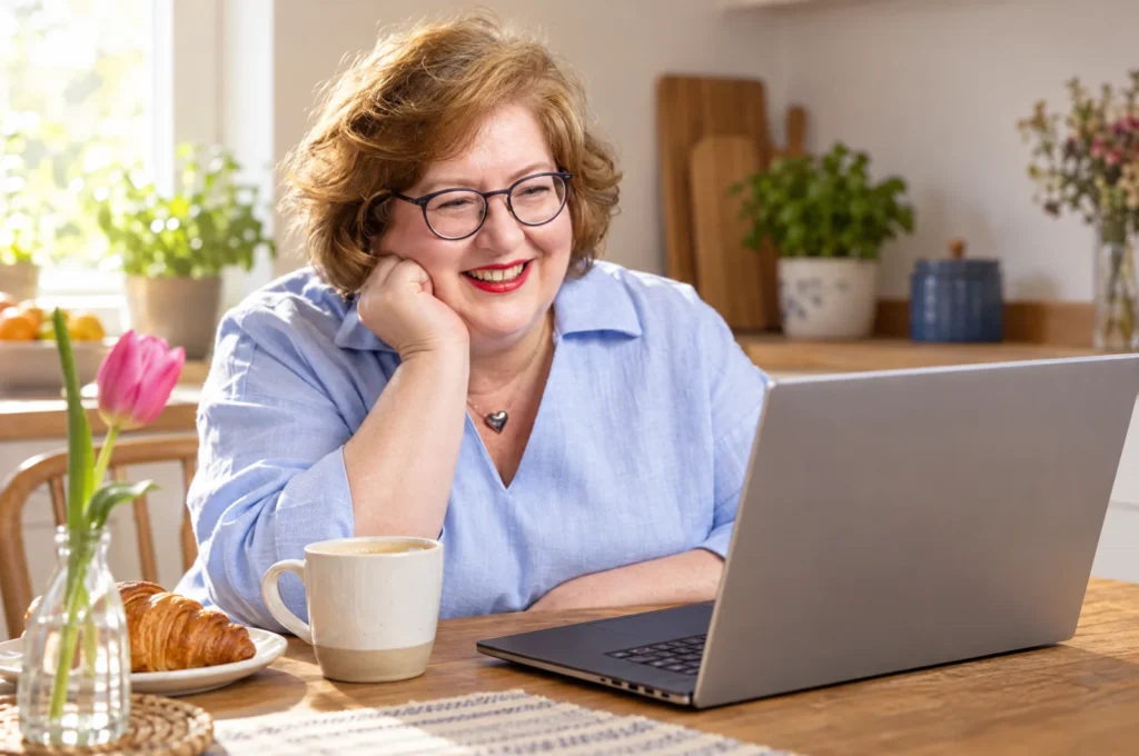 Sandra Dirks sitzt im hellblauen Hemd am Küchentisch und lächelt verliebt auf ihren Laptop, daneben Milchkaffee, Croissant und eine pinke Tulpe